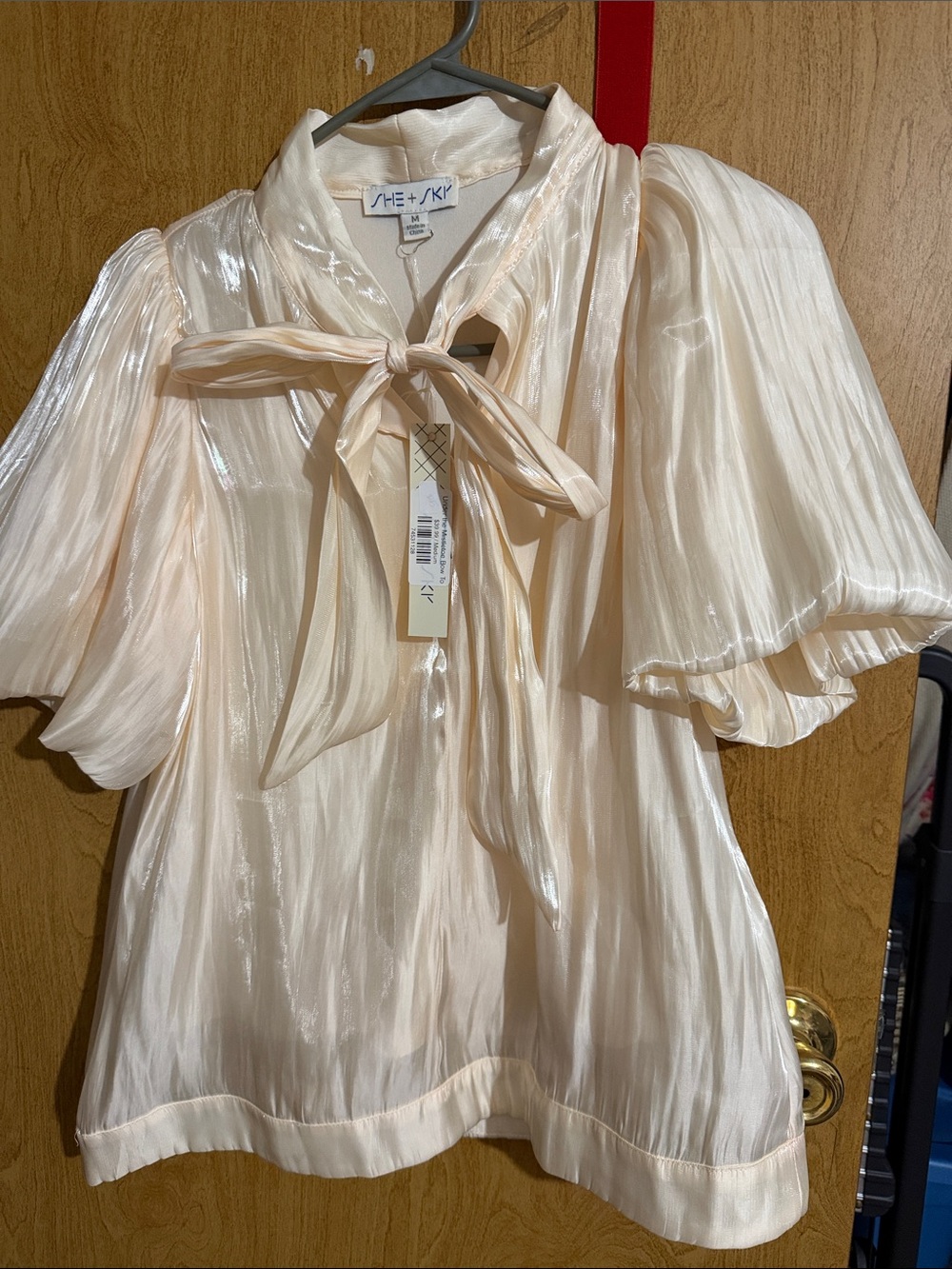 Tie-Neck Puff Sleeve Blouse in Soft Cream